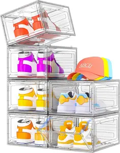 7 Code Shoe Organizer, Clear Thickened Stackable Shoe Boxes with Magnetic Door, Collapsible Closet Storage Rack for Sneakers & Boots, 6 Pack White, Virgin Material, Not Recycled Plastic for Household 7 code