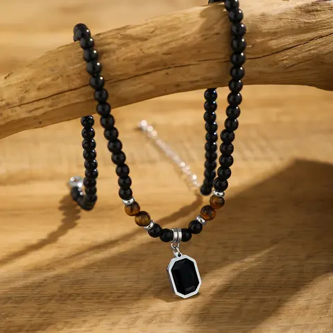Men's necklace, black natural tiger eye necklace, hip hop necklace, gifts for men