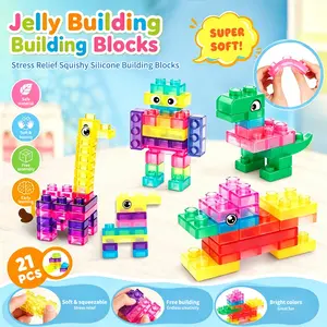Soft Jelly Blocks, Squishy Multi-color Stacking Building Blocks Toy Set, Non-toxic Sensory Tactile Play Toy Safe Squeezable & Stretchable Fun, Puzzle Blocks for Kids Early learning Preschool STEM Creative Construction Bath Toy Age 3+ tikt