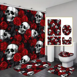 4pcs/1pc Red Rose Skull Shower Curtain Set.High Quality Shower Curtain And Toilet Floor Mat Three-Piece Set Comes with 12 Shower Curtain Hooks, Unique Modern Home Bathroom Decor, Polyester Halloween Decor Ensemble, Bathroom Decoration Set