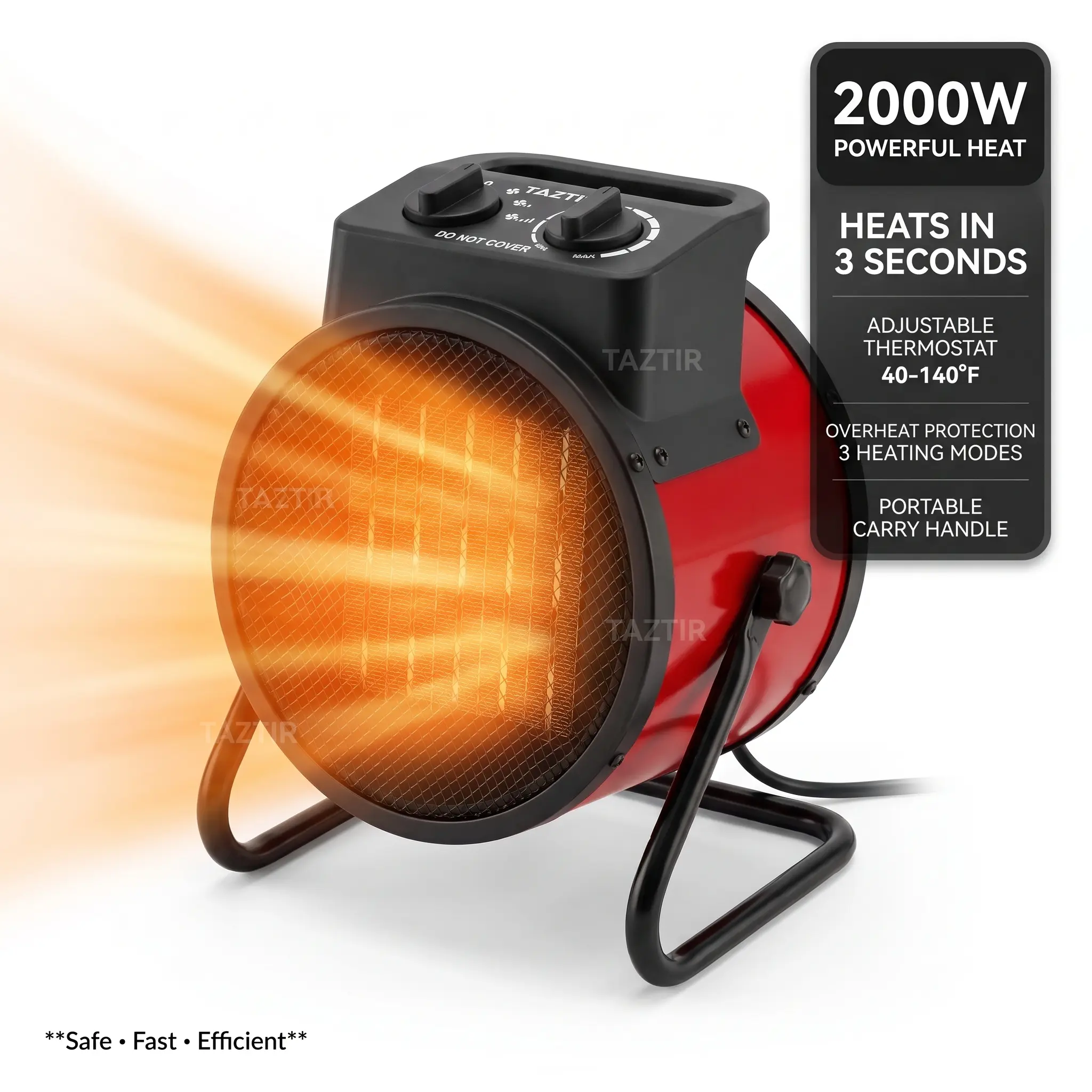 TAZTIR 2000W Greenhouse Heater, Portable Space Heater, PTC Ceramic Fast Heating, 3-Second Rapid Heating, Overheat Protection, Suitable For Patios, Living Rooms, Greenhouses, Garages, Indoors, Camping, Family Gatherings, Red/Black Heater, Gift.
