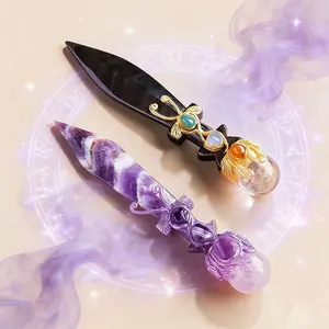 Natural Amethyst & Obsidian Crystal Ball, Unbladed Knife Model, Reiki Energy Healing, Polished Crystal Artwork, Spiritual Collectible