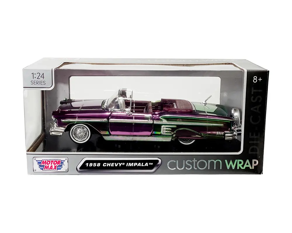 Motormax 1:24 1958 Chevrolet Impala Purple/Green Chrome, Custom Wrap Diecast Model Car Collectible