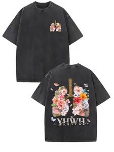 YHWH Every Breath Speaks His Name Men's Vintage Streetwear T-Shirt - 230g Washed Cotton Double-Sided Floral & Musical Graphic Print, Drop Shoulder Relaxed Fit Round Neck Short Sleeve, Casual Summer Top for Daily Wear & Gift, Vibra