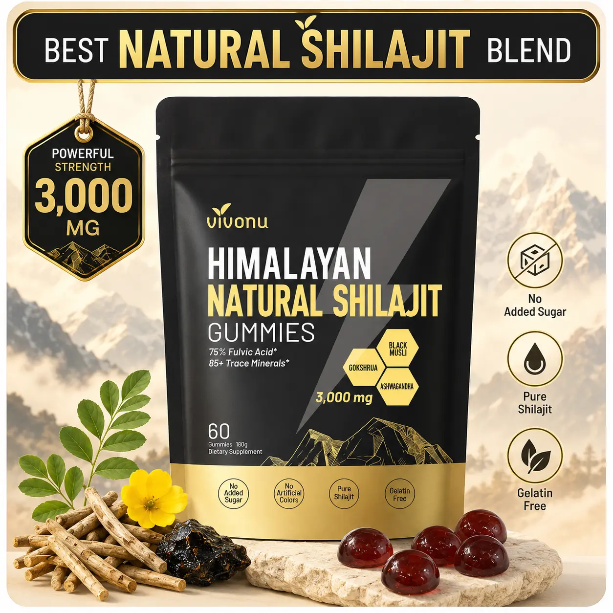 VivoNu   Himalayan Shilajit Gummies | Resin Formula, Organic Vitality Support, Traditional Energy & Strength Booster for Men | Natural Mineral |naturalenergy |menshealth SummerVibes