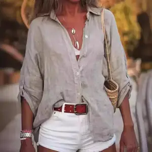 2025 European and American New Women's Cotton Linen Solid Color Loose Fit Three-Quarter Sleeve Shirt Top Summer Womenswear Blouse Basic Casual