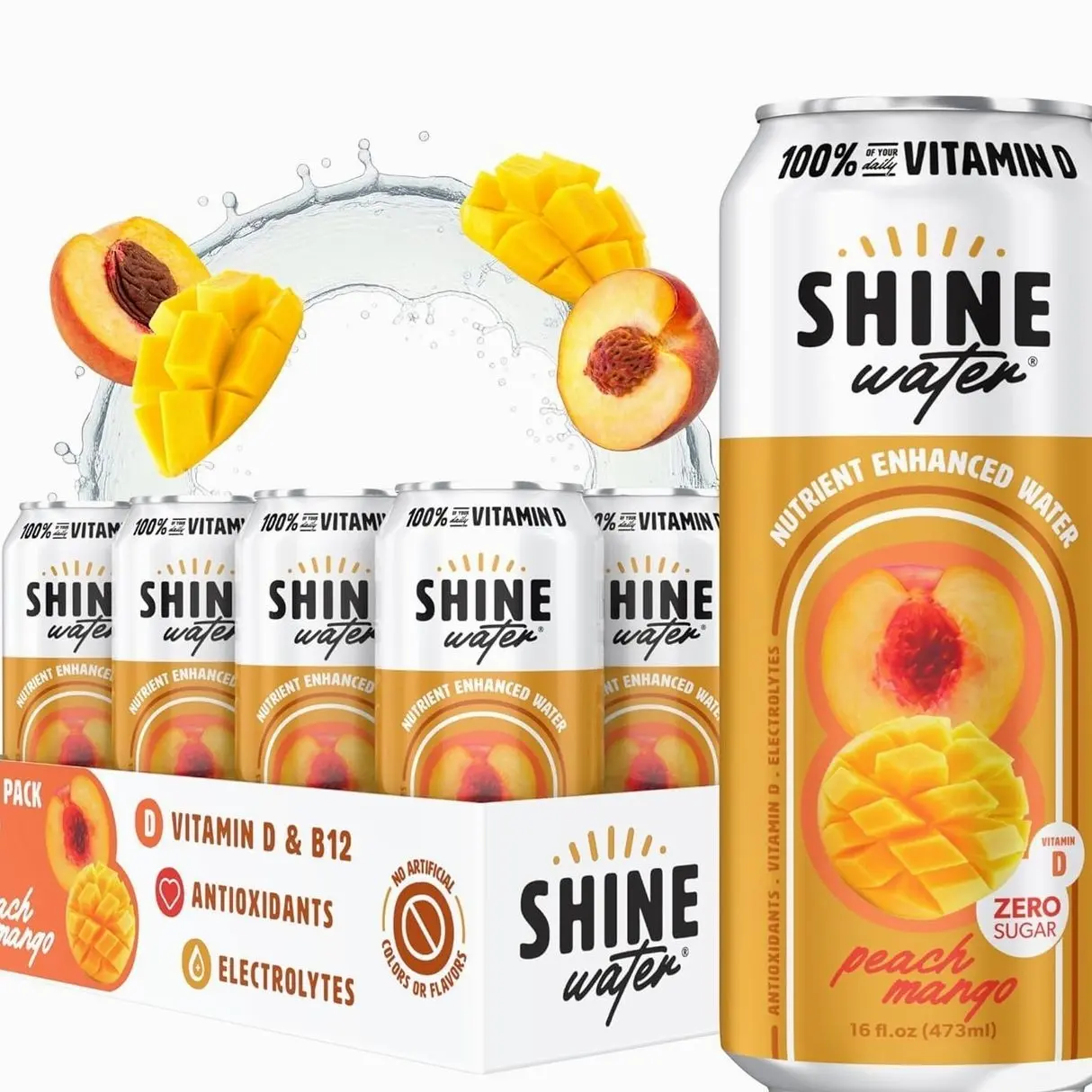 Shine Water Peach Mango Vitamin D Electrolyte Drinks 12-Pack, Sugar Free Flavored Water with Magnesium, Zinc & Antioxidants, Low Calorie Hydration Beverage, Plant-Based Vitamin Water Zero Sugar