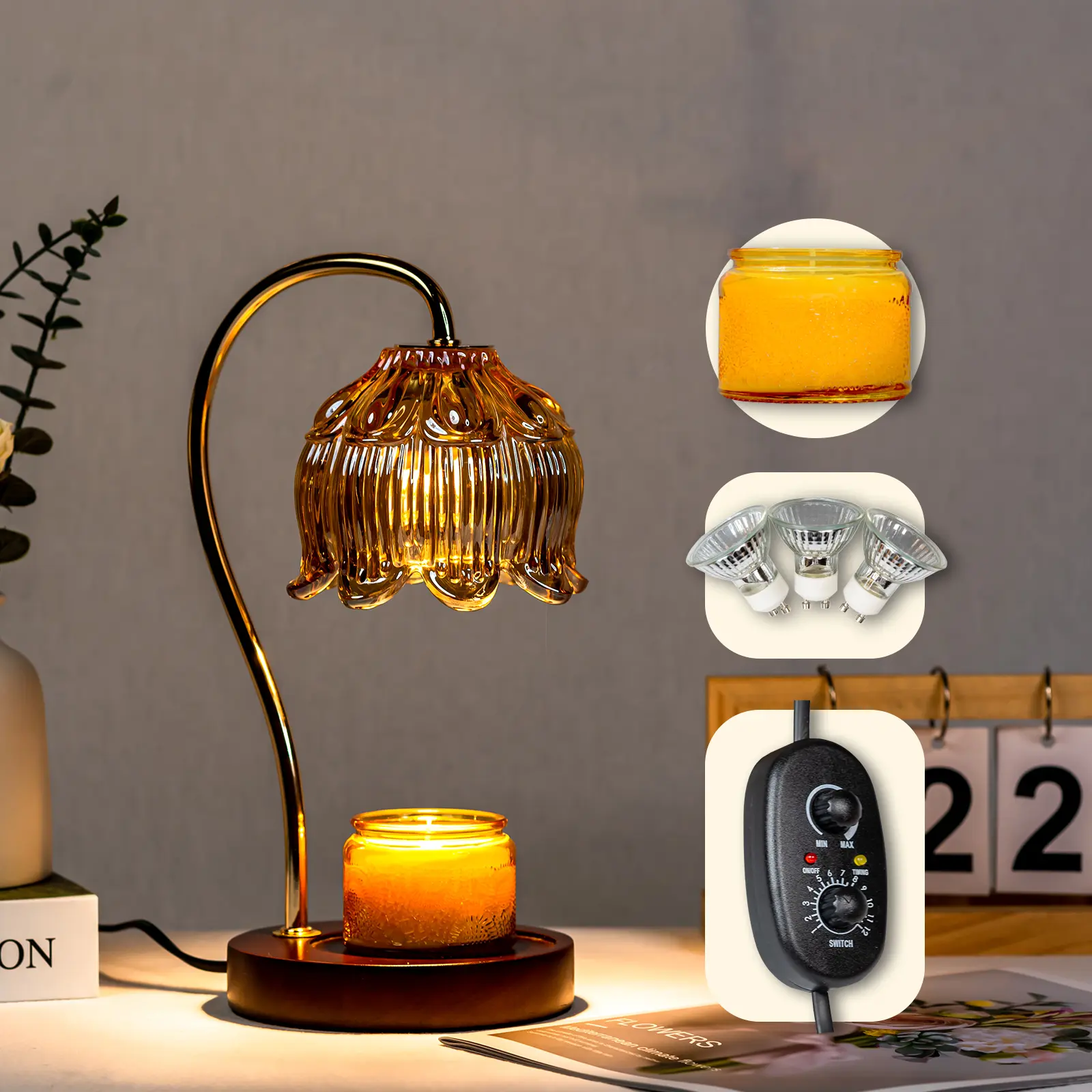 Nice Light Candle Warmer Lamp,FREE Jar Candle,Electric Candle Lamp with 3-50W bulbs,Candle Wax Warmer with Timer and Dimmer for Home Decor，House Warming Gifts，Mother's day Gift