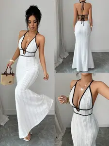 Pure Desire Contrast Halter Fish Tail Dress, Summer Slimming Fit Vacation Style Strapless Sleeveless Long Dress, Trendy Fashion Womenswear