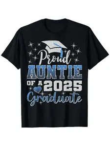 Super Proud Auntie 2025 Graduate Starry Design Graphic Tees Casual Men's Top Vintage Funny T-shirt Crewneck Breathable