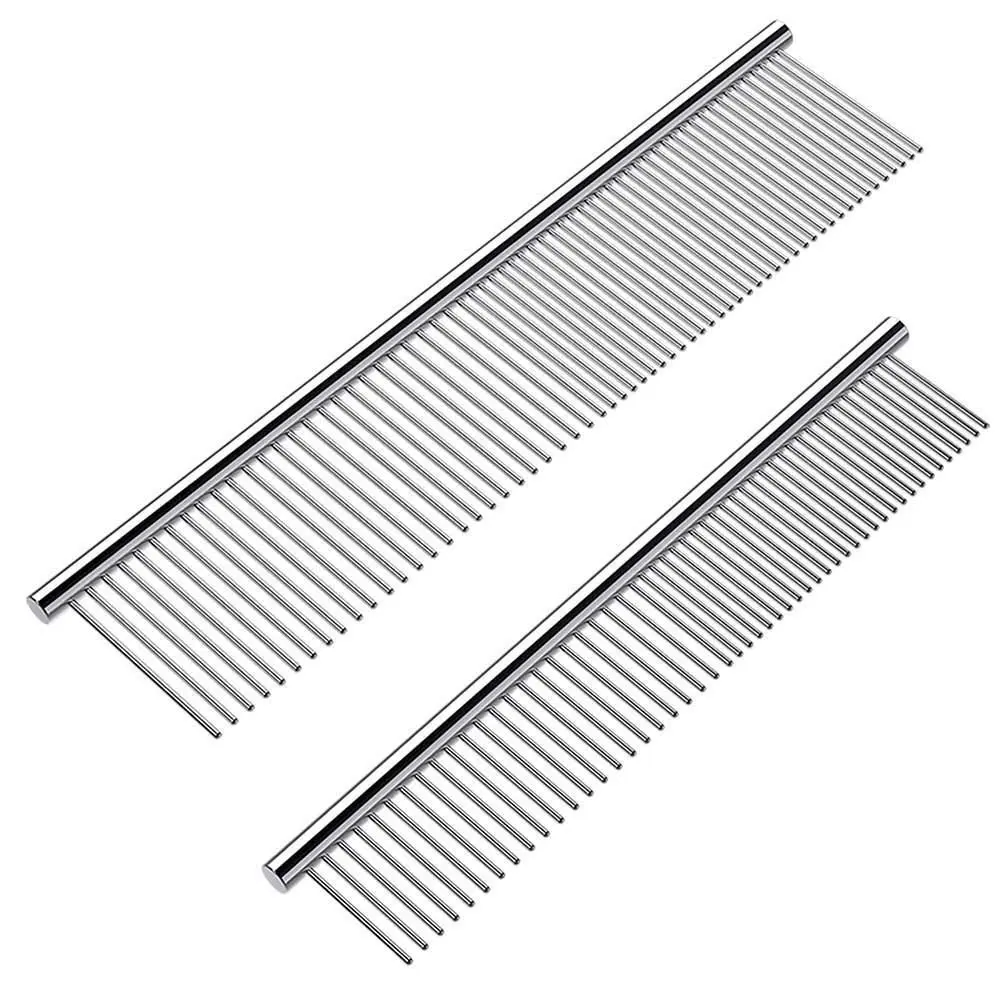 Stainless Steel Dog Combs 2 Pack with Rounded Ends for Removing Tangles & Knots, Professional Grooming Tool for Long & Short Haired Dogs, Cat & dogs