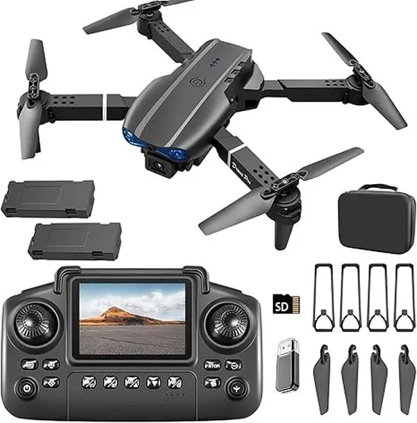 E99 Pro Drone with Screen Remote Controller, 1080P HD Camera, Foldable Travel Case, Altitude Hold, One-Key Start, 360° Flip, Live Video Playback and Two Rechargeable Batteries for Beginners