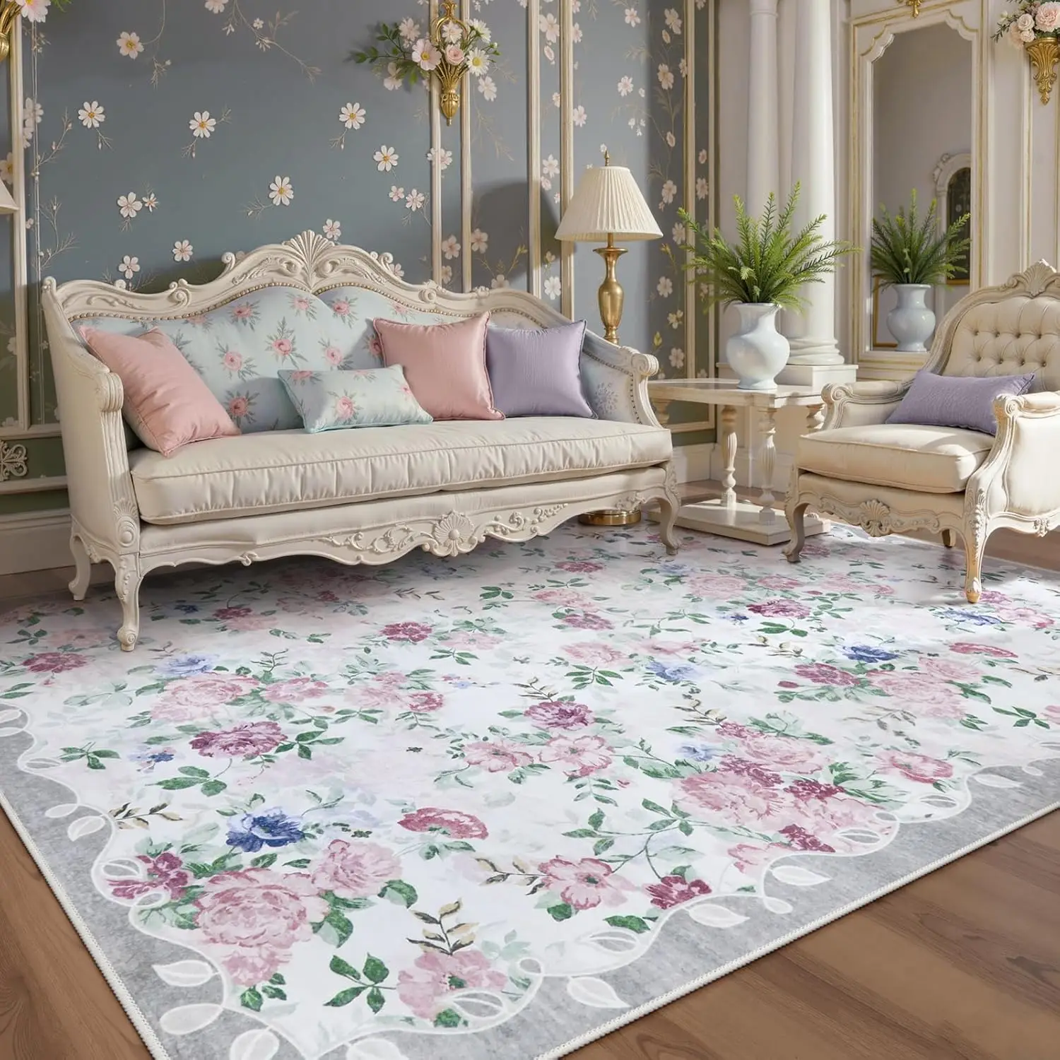 【FallFreshness】Lahome Floral Area Rug Non-Slip Boho Vintage Under Bed Rugs for Living Room, Stain Resistance, Ultra-Thin Design for Office Dining Room