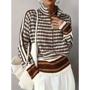 Womens Elegant Houndstooth Print Zip Up Cardigan High Neck Long Sleeve Fall Winter Jacket With Brown White Beige Stripes Medium Stretch Easy Care Classic Sweater For Ladies Stylish Layering Sophisticated Style Comfortable Fit Soft Fabric Knitwear