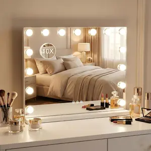 Makeup Mirror with 15 Dimmable LED Bulbs,23"x18" Large Mirror with 3 Color Lights,Detachable 10X Magnifying Mirror,White Lighted Mirror for Tabletop and Wall Mounted