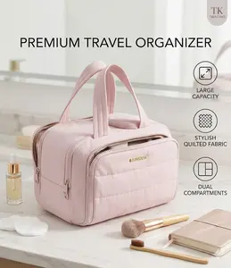 Women's travel makeup bag, large-capacity padded cosmetic organizer, can hold upright bottled cosmetics