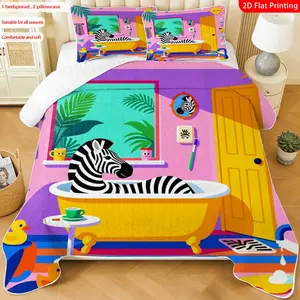 3 pcs, 2D Flat Print Zebra Bath Themed Bedspread Set, Soft and Comfortable, Multiple Sizes Available, Suitable for Gifting and Daily Use, Ideal for Creating a Cozy Home Atmosphere(1 bedspread , 2 pillowcases)
