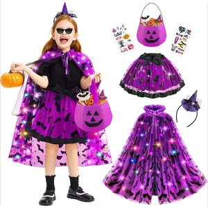 X-CPA08   Light up Witch Cape, Girls Halloween Bat Costume Bat Tutu Trick or Treat Bag, Witches Headband Halloween Dress up for Toddlers Girl 3 4 5 6