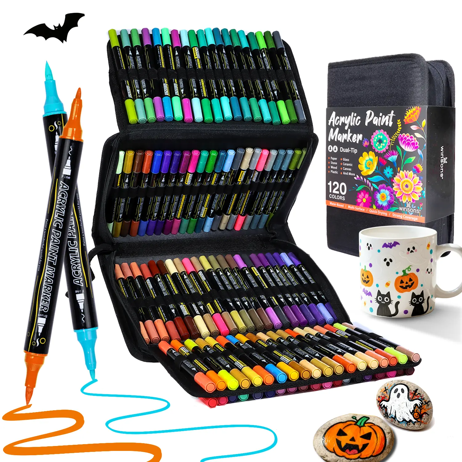 WINSONS 60/120-Color Acrylic Pen Markers & Highlighters, Dual-Tip Brush & Fine Tip Writing Tools for Rock Painting, Canvas, DIY Crafts (Office Stationery Supplies), Coloring