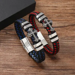 New Cross Leather Woven Bracelet with Magnetic Clasp, Fashionable Leather Bangle for Men and Women