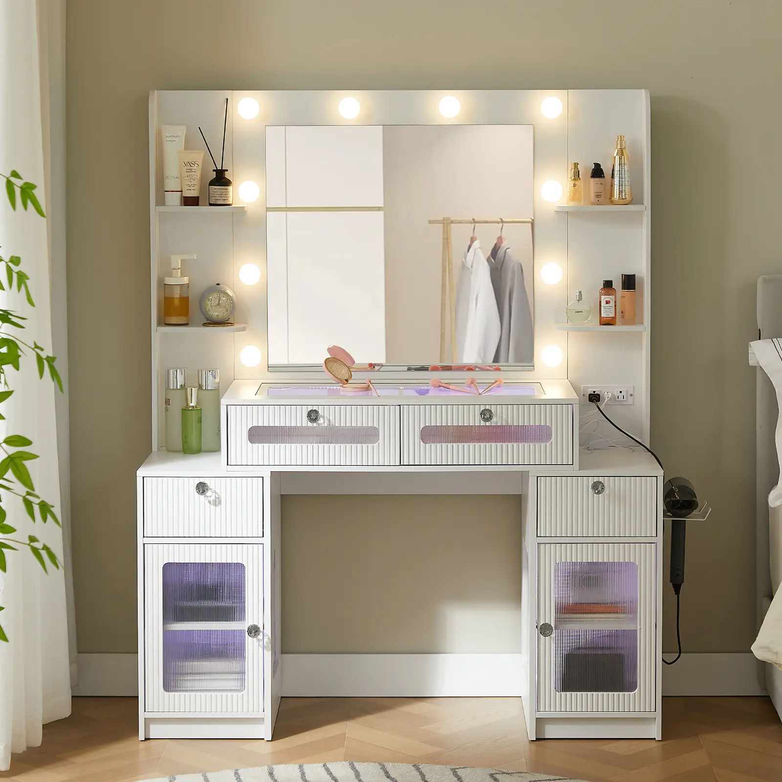 【FallDealsForYou】ONBRILL Vanity Desk with Mirror and Lights 3 Colors, Glass Top Makeup Vanity Table with Lights & Power Outlet for Bedroom,White Flute