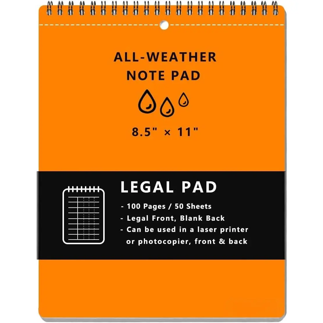 Weatherproof Legal Pad 8.5" x 11" with 100 Pages  Weather Paper and  Hard Cover, A4 Large Size Top Spiral Notebook, Legal  (Orange)