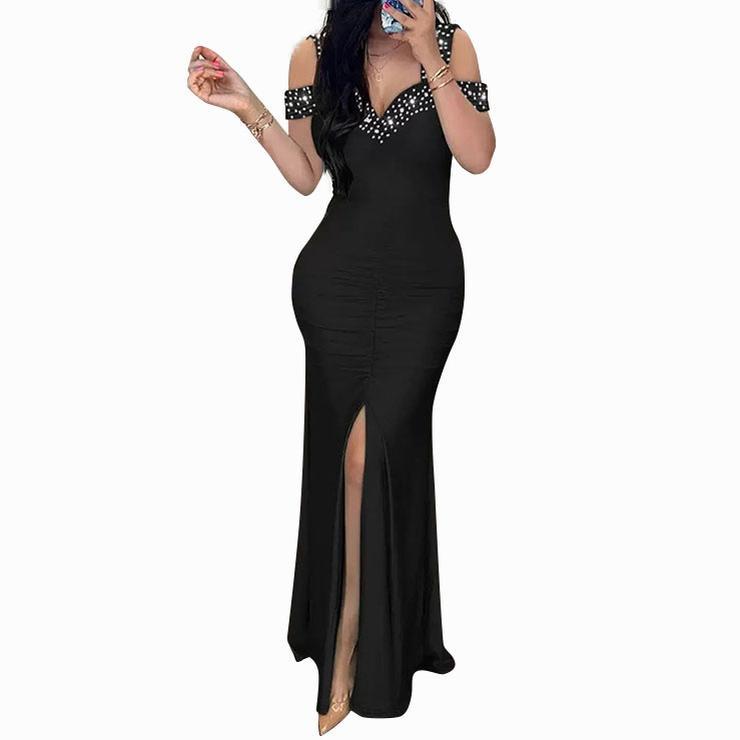 Summer Black Apricot European and American Style Elegant Hot Diamond Off-shoulder Slim High Waist Hip Slit Dress Milkmaid Dresses Evening Fabric