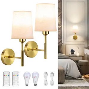 Wall Sconces Battery Operated with Remote Set of 2, Battery Operated Wall Sconce, Not Wiring Dimmable Rechargeable Battery Wall Sconce, Wireless Wall Lamp Lights for Bedroom (Linen,Gold) living  room