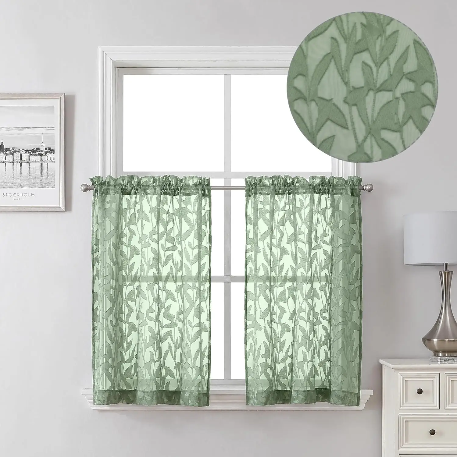 36 Inch Sheer Curtains Sage Green Tiers for Kitchen 2 Pieces, Double Rod Pockets Window Living Room Curtain for Small Window, Jacquard Leaves Voile Bathroom/Bedroom Drapes, 38x36 Inches