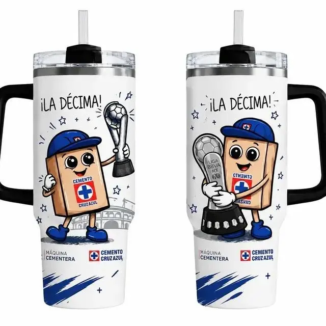 Cruz Azul “La Décima” Tumbler 40oz with Handle – Soccer Fan Gift, Mascot Design, Insulated Stainless Steel Travel Mug, Champion Cup Design