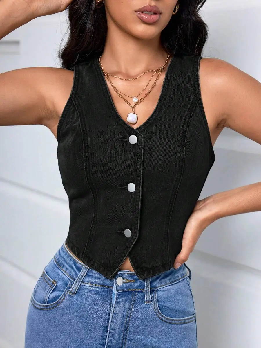 Women’s Modern Denim Vest – Sleeveless Single-Breasted Button Design