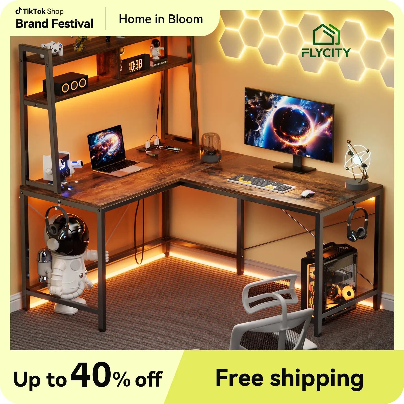 Flycity L-Shaped Gaming Desk or One-Line Table with LED Lights & Power Outlets,and Storage Shelves - 93.3 inch Computer Desk, for Gaming Room, Study,