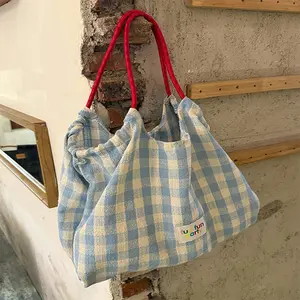 1pc Plaid Gingham Canvas Tote, Shoulder Bag with Contrast Rope Handle Design for Women's Daily Outings, Aesthetic Shopping Bag with Fun Label, Red Rope Strap Tote for Student School and Commute, Lightweight Shopper Bag for Daily Use