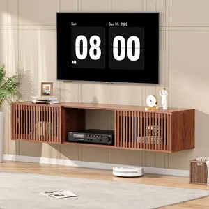 HOMMPA Mid Century Floating TV Stand, Modern Slatted Door Design, Large Storage Capacity for TVs Up to 80 Inch, Walnut Wall-Mounted TV Stand