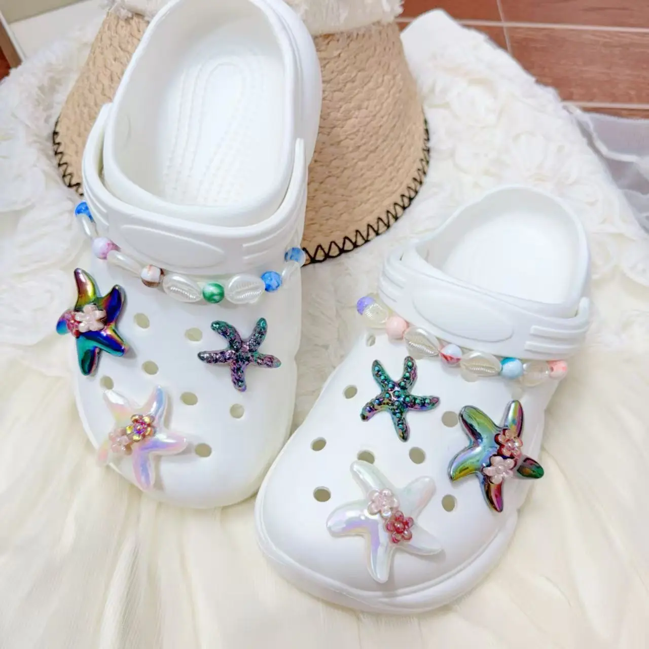 Elegant Rhinestone & Faux Pearl Decorated Shies Decorations,Colorful Starfish Shoe Charms For Women DIY Accessories 8pcs Soft PVC Hard Resin Shoe Buckle 12mm Hole Shoe Decoration For Halloween Christmas Party Daily Wear Creative Gift