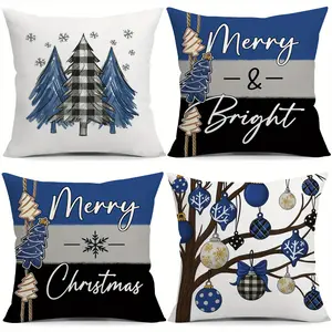 4pcs, Blue Christmas Trees Snowflakes Christmas Throw Pillow Covers, Home decorative cushion, Winter Home Party Decorations for Sofa Couch Livingroom, Christmas Lumbar Pillow Cover, Single Sided Printing, No Pillow Core
