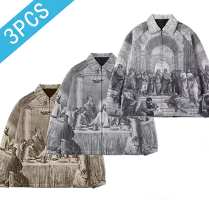 Men’s all-over print turn-down collar zip jacket, loose fit breathable casual jacket — spring/autumn streetwear art outfit outerwear, men’s niche design versatile jacket, 3-piece set