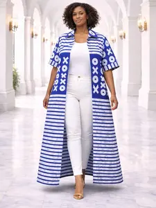 African Blue & White Adinkra-Inspired Longline Kimono with Stripe Detail