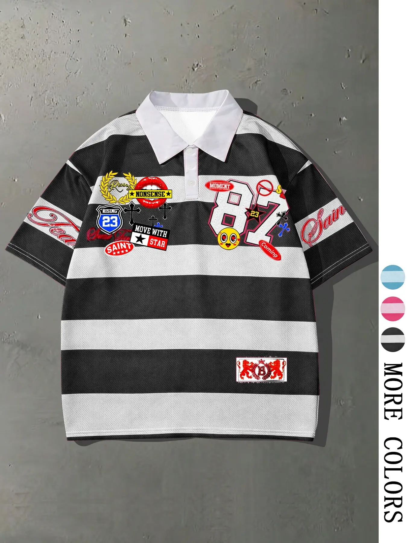 Men's Y2K saint style black striped Relaxed Fit Collared Polo shirt, vintage collage 87 Graphic pattern rugby shirt, casual breathable mesh streetwear top, popular TikTok college aesthetic, available in multiple colors, Menswear
