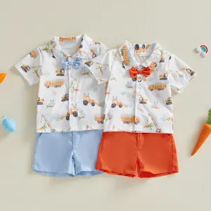 Babamoon Kids Baby Boys Easter Shorts Outfits Sets Short Sleeve Lapel Excavator Bunny Print Tops Shirt and Shorts Gentleman Easter Clothing Set 6M-4Years