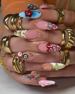 Y2K Funky Press On Nails | Abstract Girl Art Nails | Unique Statement Nail Set | Mix & Match 3D Charm Nails | Colorful Bling Nail Set | 8-Ball, Cards, Lips, Crosses, Gold Chains Nails