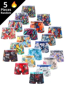 5-Pack Men's Graffiti Print Boxer Briefs, High Elasticity No-RideUp Cycling Underwear, Novelty Pattern Athletic Shorts, Soft Breathable Anti-Chafe Boxers, Multi-Color Mix for Sports Gym Daily Wear
