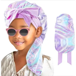 L-HDW105 Kids Bonnets for Girls, Long Silk Bonnet for Sleeping Kids Satin Bonnet Cap with Tie Band for Dreadlocks Braid Afro Curly Hair -1 PCS, Laser Gift Haircare Heatless Elastic
