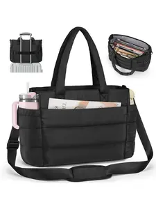 Women's Tote Bag with Cup Holder, Puffy Lightweight Work Bag, Stitched Travel Bag, Laptop Handbag, Ideal for Work, Travel, Teachers