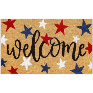Door Mat 4Th of July Red Blue White Star Welcome Doormat Non-Slip Entrance Door Rugs for Independence Day Home Decor Mat for 4Th of July Independence Day Indoor Outdoor Home Kitchen Decor