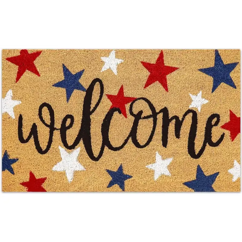 Door Mat 4Th of July Red Blue White Star Welcome Doormat Non-Slip Entrance Door Rugs for Independence Day Home Decor Mat for 4Th of July Independence Day Indoor Outdoor Home Kitchen Decor