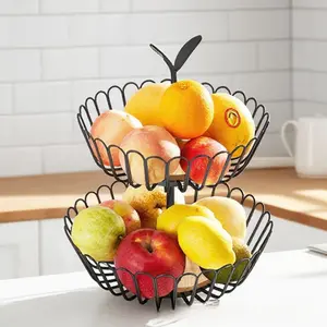 Kitchen Double-Layer Fruit Basket Detachable Wooden Base Fruit Tray Handheld Basket Living Room Iron Art Candy Snack Tray Storage Rack