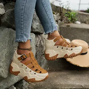 Women's Hollow Out Platform Wedge Sandals, Colorblock Buckle Strap Fashionable Heightening Shoes
