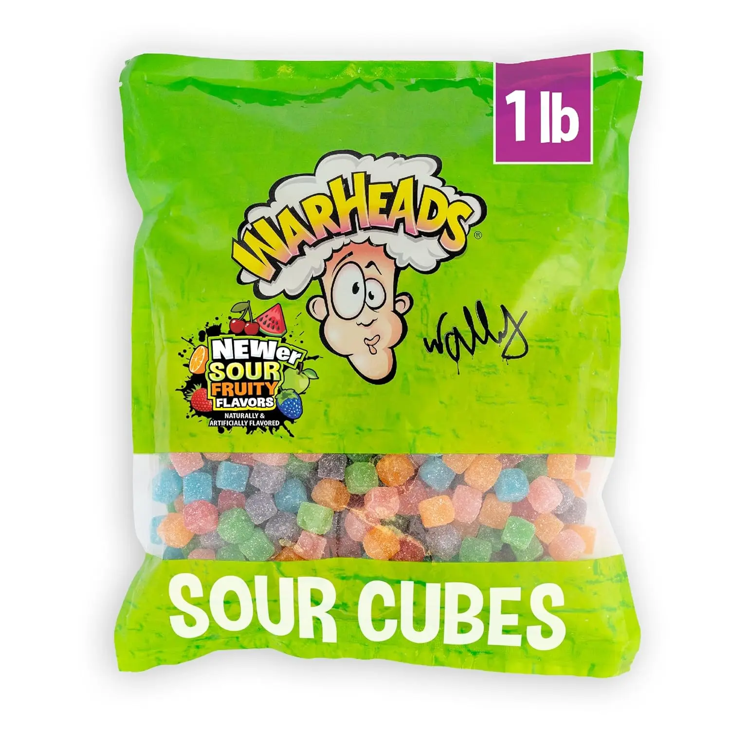WARHEADS Cubes - Sour, Sweet & Fruity Chewy Candy with New Sour Fruity Flavors: Orange, Watermelon, Blue Raspberry, Black Cherry, Strawberry & Green Apple - 1 lb Bulk Bag