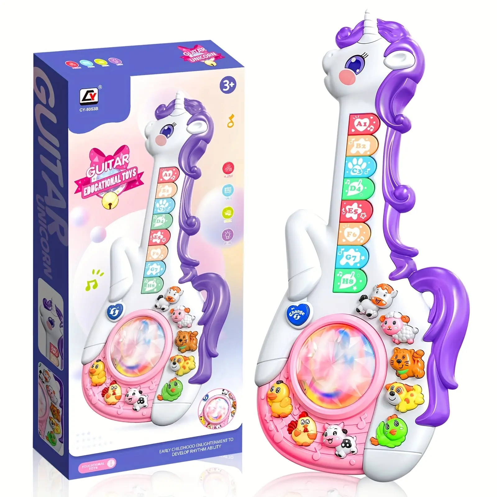 Children Unicorn Musical Guitar, Cute, Musical Light Up, Musical Fun, Playable Learning Interactive Game, Develops Baby Cognitive Skills, Early Childhood Development, Suitable for Ages 3+, Includes Manual, Requires 2 AA Batteries